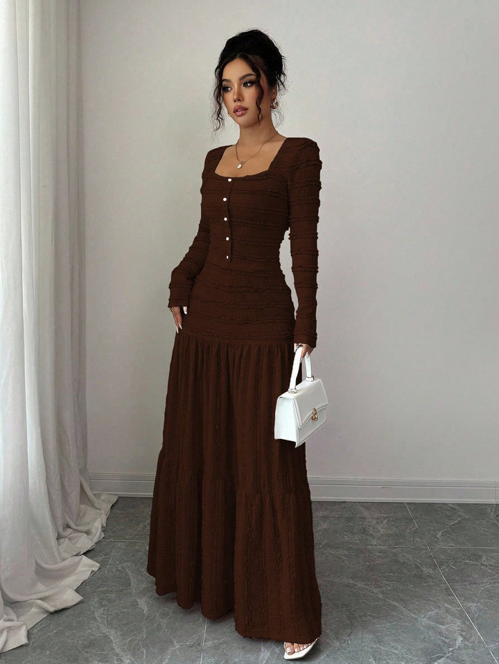 Women's Figure-Hugging Ruffle Maxi Dress with Square Neckline and Button Placket Amarae
