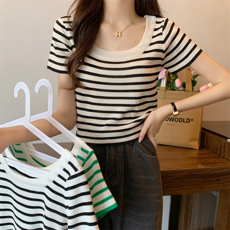 Women's cropped striped top with modern knot design and elastic hem Lune London