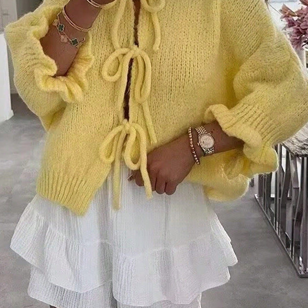 Women's Cozy Short Knit Cardigan with Tie Details, Ruffle Sleeves, and Loose Oversized Cut Amarae