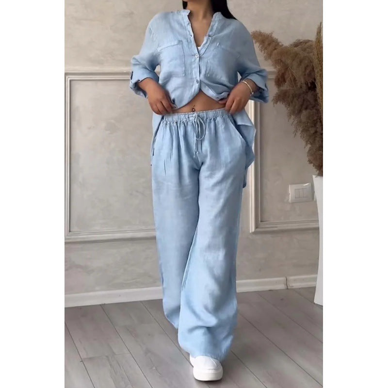 Women's Wide Linen Blend Pants with High Elastic Waistband, Drawstring and Palazzo Silhouette Amarae