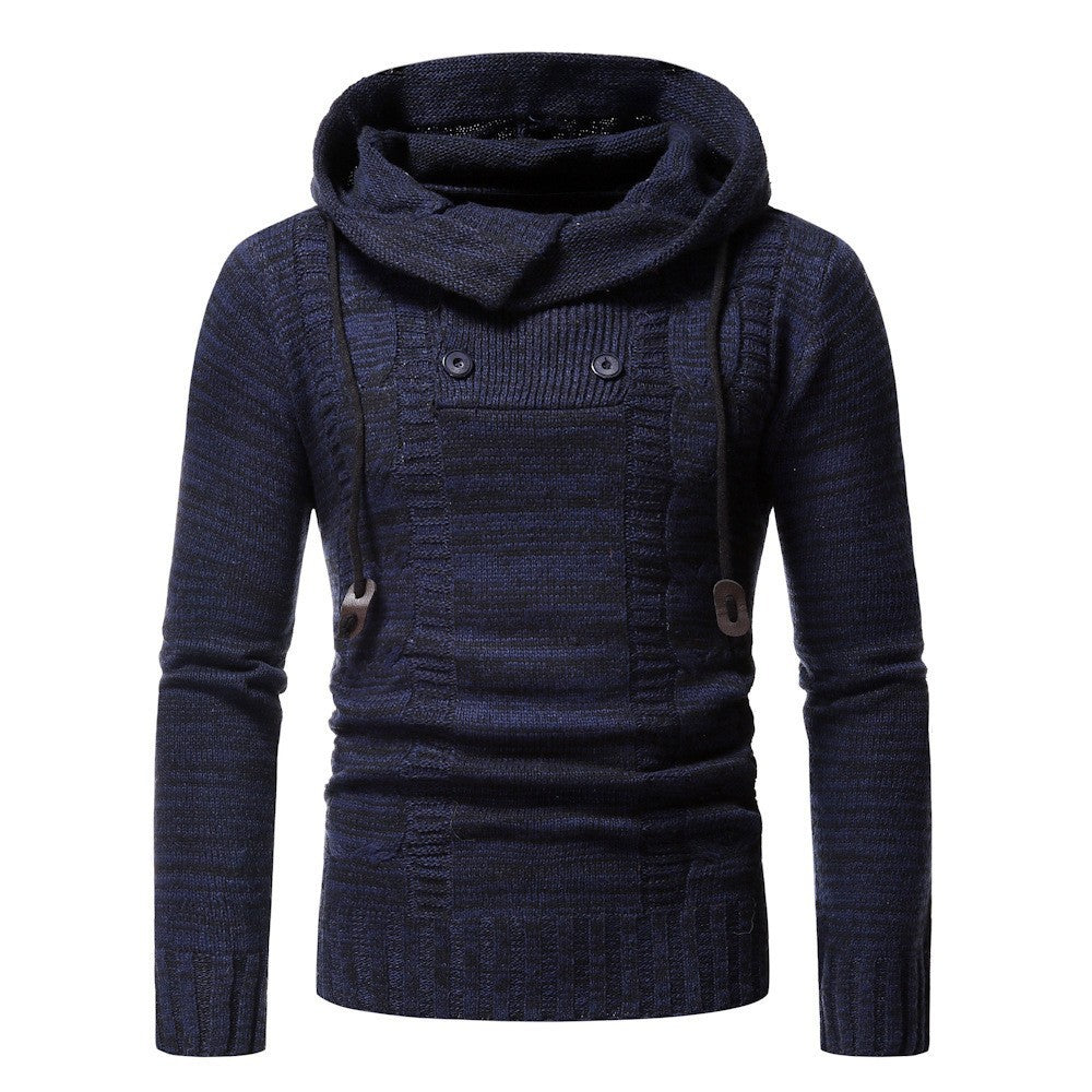 Trendy knitted sweater for men with a soft hooded collar and decorative button details Lune London