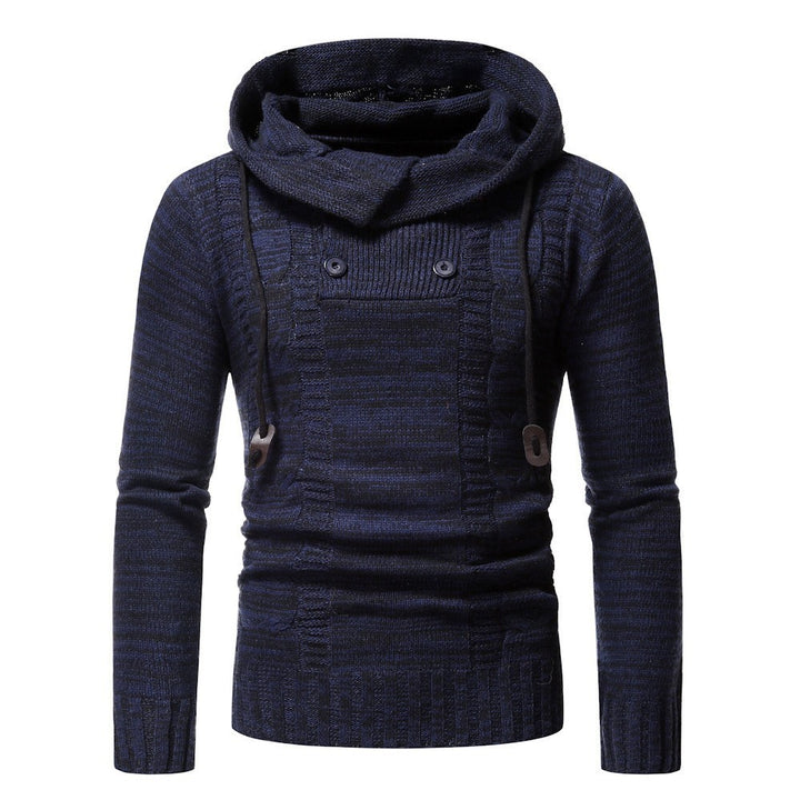Trendy knitted sweater for men with a soft hooded collar and decorative button details Lune London