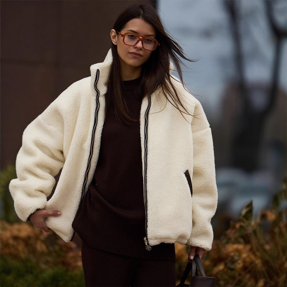 Women's teddy fleece oversized jacket with high stand-up collar, contrasting zip placket and insert pockets