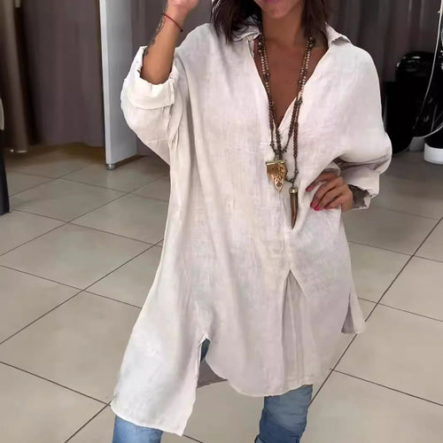 Women's Casual Linen Blouse with Full Button Placket and Cuffable Sleeves Amarae