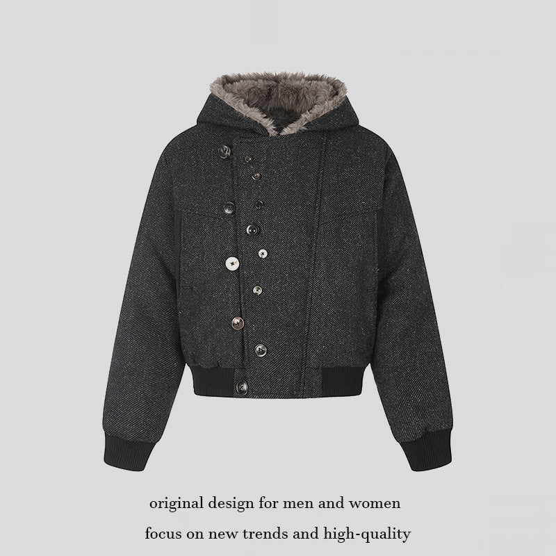 Women's hooded bomber jacket with faux fur lining, asymmetrical multi-button placket, and ribbed hem Amarae