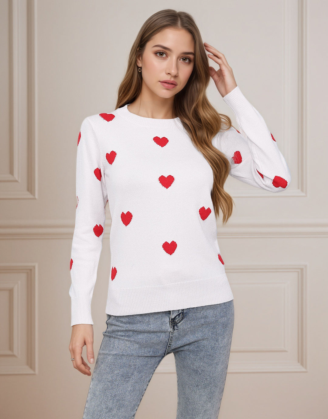 Pull en tricot pour dames avec motif cœur et texture fine Chic & Stil