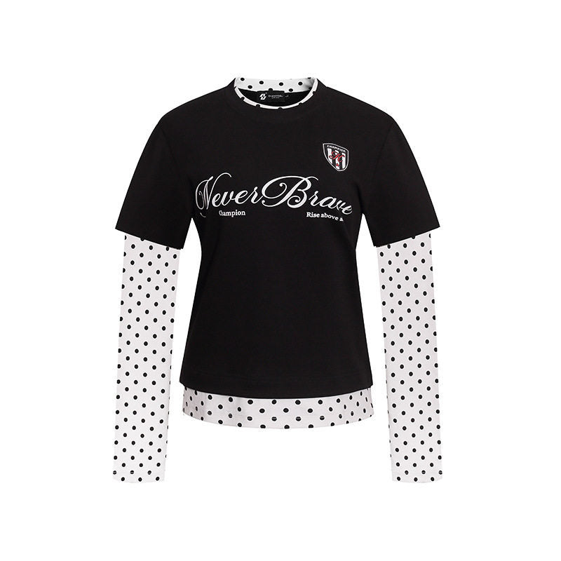 Women's Layered Long Sleeve Shirt with Polka Dot Inner Layer and Calligraphic Statement Print Amarae