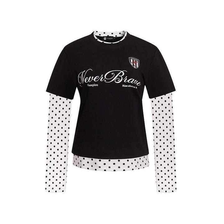 Women's Layered Long Sleeve Shirt with Polka Dot Inner Layer and Calligraphic Statement Print Amarae