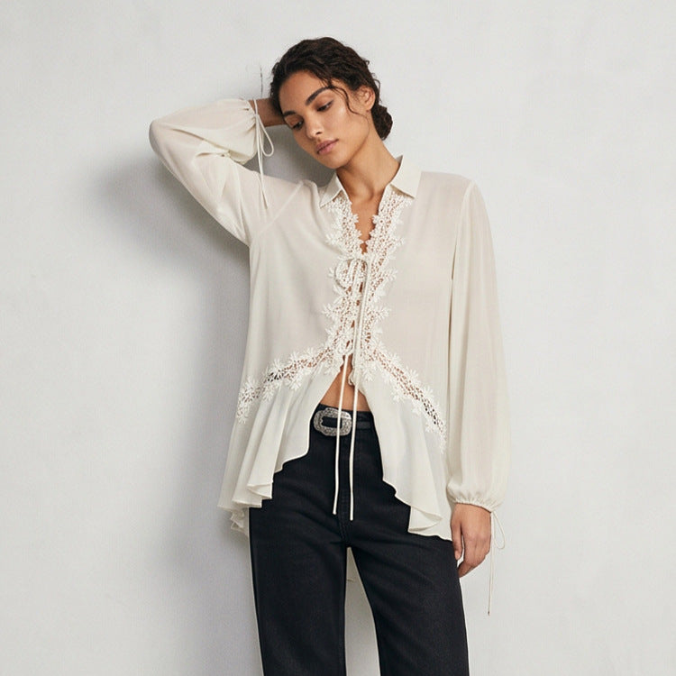 Women Transparent Chiffon Blouse with Lace Trim, Tie Band & Asymmetrical Ruffle Hem Amarae