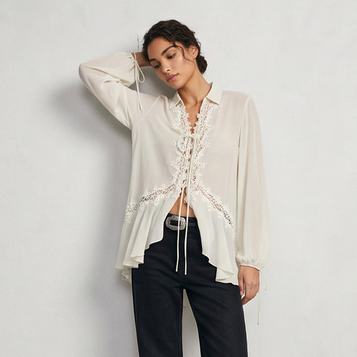 Women Transparent Chiffon Blouse with Lace Trim, Tie Band & Asymmetrical Ruffle Hem Amarae