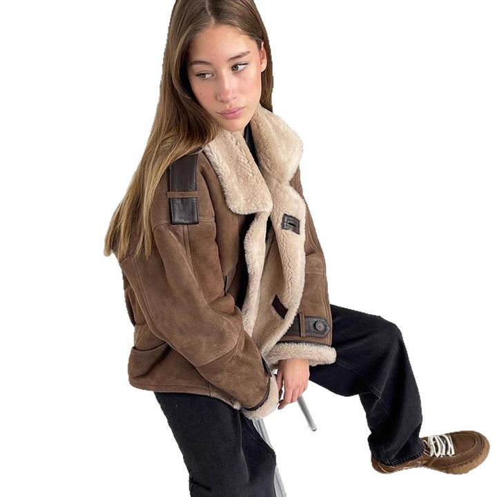 Women Oversize Shearling-Faux Flight Jacket with Contrasting Trim & Buckle Details Amarae