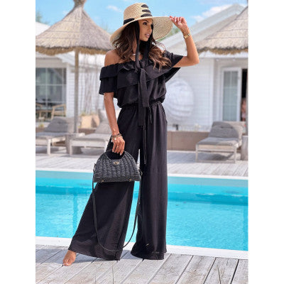 Ladies Off-Shoulder Wide Leg Jumpsuit Lune London