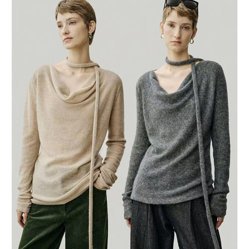 Ladies Elegant Knit Top with Open Neckline and Tie Amarae
