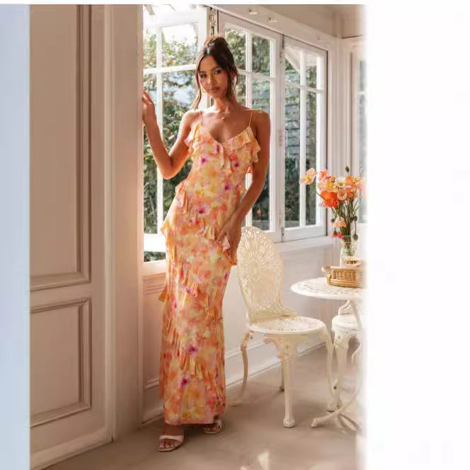 Women's Summer Maxi Dress with Ruffle Details and Delicate Floral Design Lune London