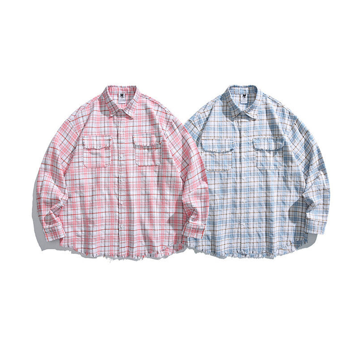 Unisex Boxy overshirt in checked linen blend with frayed hem and patch pockets Amarae