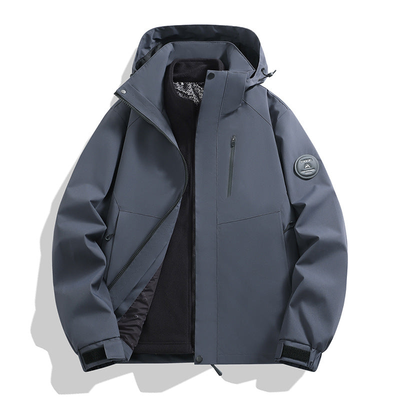 Men's softshell performance jacket with removable hood, concealed full-length zipper, and ergonomic cut Amarae