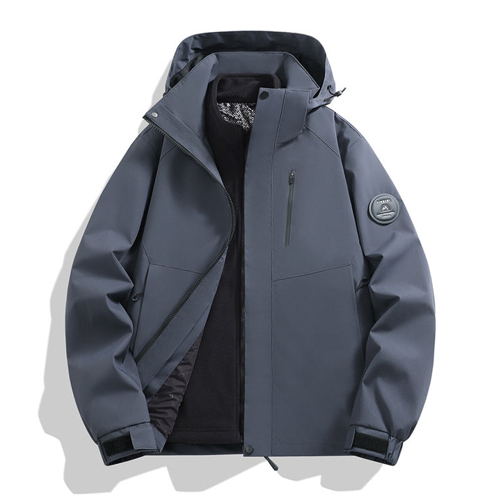 Men's softshell performance jacket with removable hood, concealed full-length zipper, and ergonomic cut Amarae