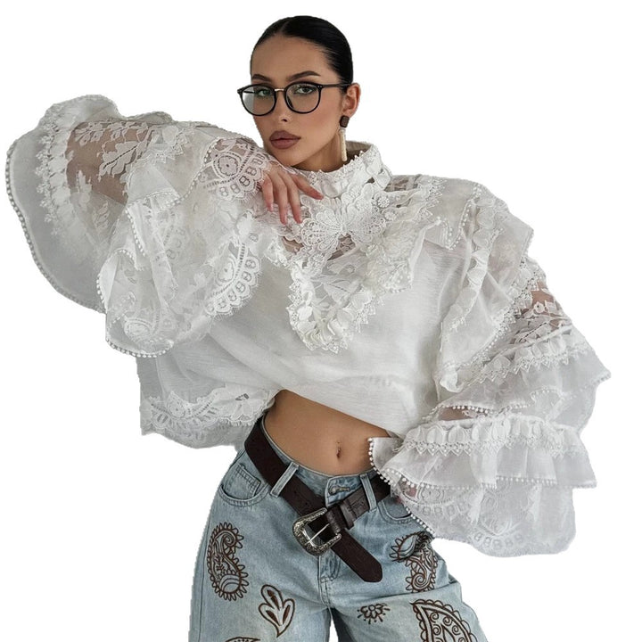 Women's Transparent Lace Blouse with Ruffle Sleeves and High Stand Collar Amarae