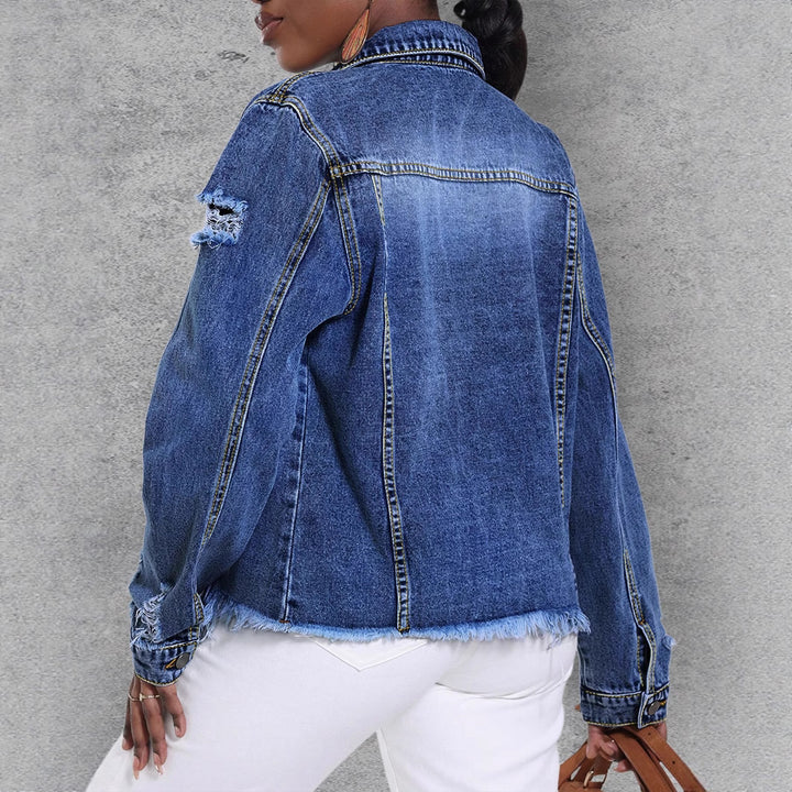 Women's Casual Denim Jacket with Distressed Details, Patch Chest Pockets and Frayed Hem Amarae