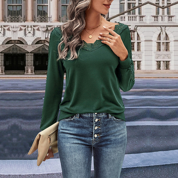 Women's long sleeve blouse with lace decorations and V-neck Lune London