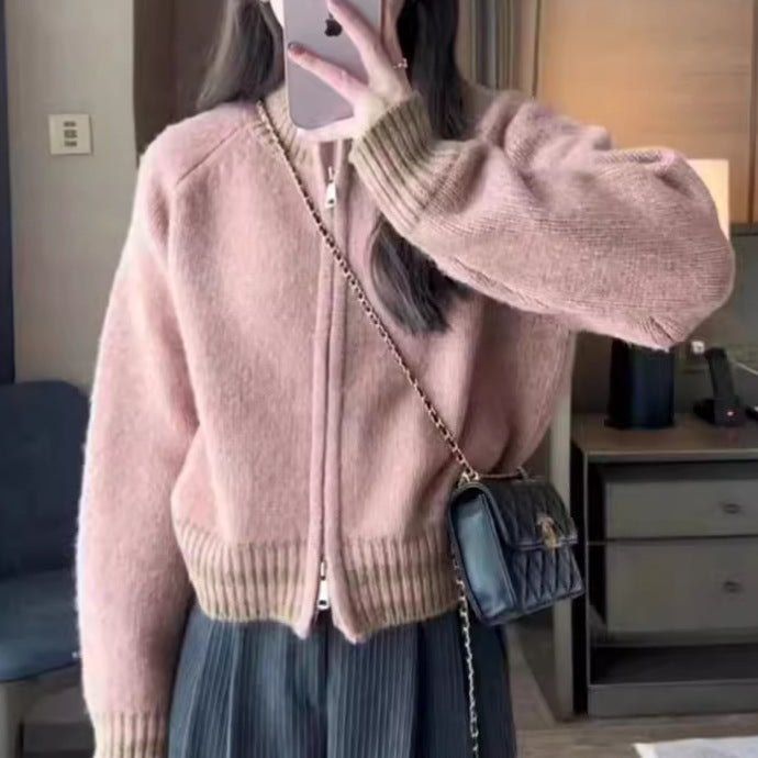 Cardigan en tricot à la mode pour femmes avec fermeture éclair et motif rayé sportif Chic & Stil