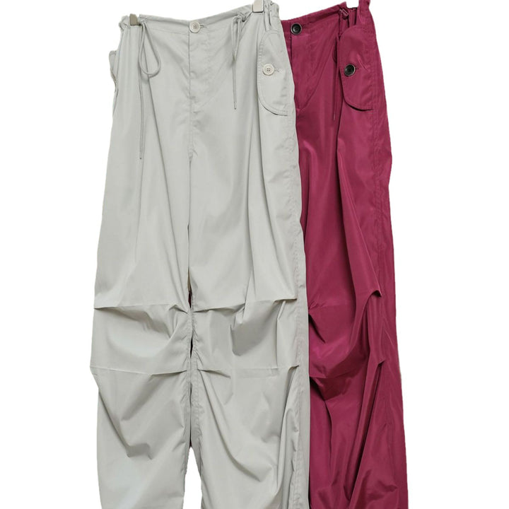 Women's Extra Wide Nylon Cargo Pants with Drawstring Waist and Attached Pockets Amarae
