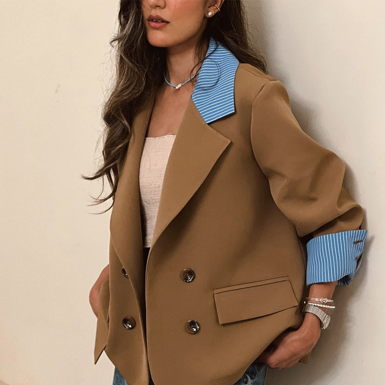 Women Oversized Double-Breasted Blazer with Contrast Collar & Cuffed Sleeves Amarae