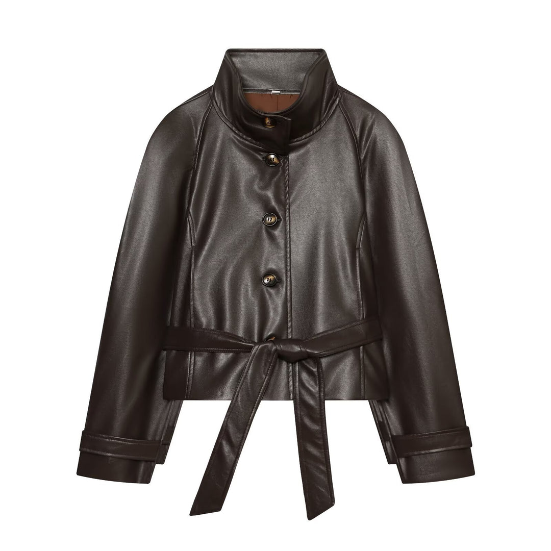 Women's Tailored Cropped Vegan Leather Jacket with Stand Collar and Tie Belt Amarae
