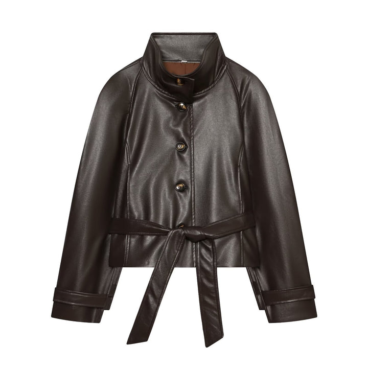 Women's Tailored Cropped Vegan Leather Jacket with Stand Collar and Tie Belt Amarae