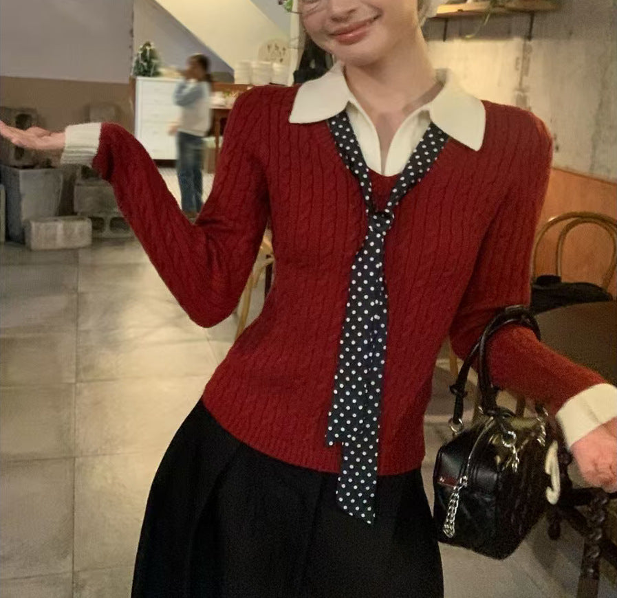 Pull en tricot à côtes pour femmes avec col chemise et cravate Chic & Stil