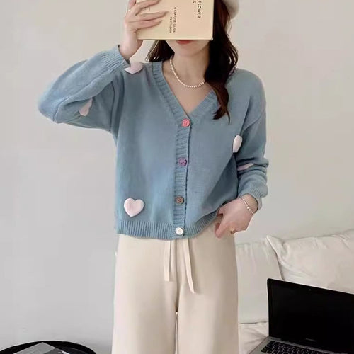 Women Comfortable Knit Jacket with Hearts and Colorful Button Details Amarae