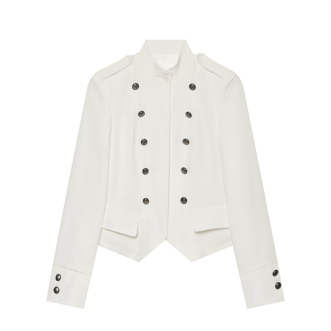 Women Short Military-Inspired Double-Breasted Jacket with Stand Collar and Flap Pockets Amarae