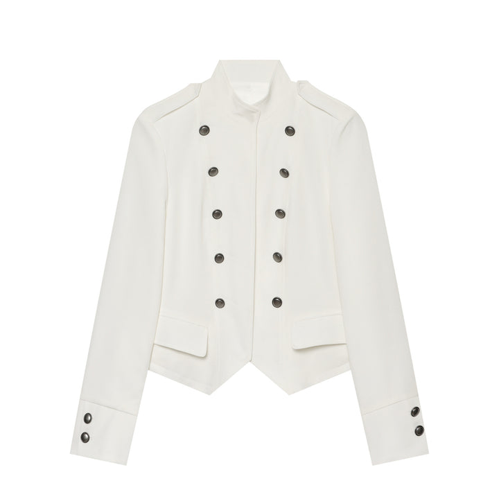 Women Short Military-Inspired Double-Breasted Jacket with Stand Collar and Flap Pockets Amarae