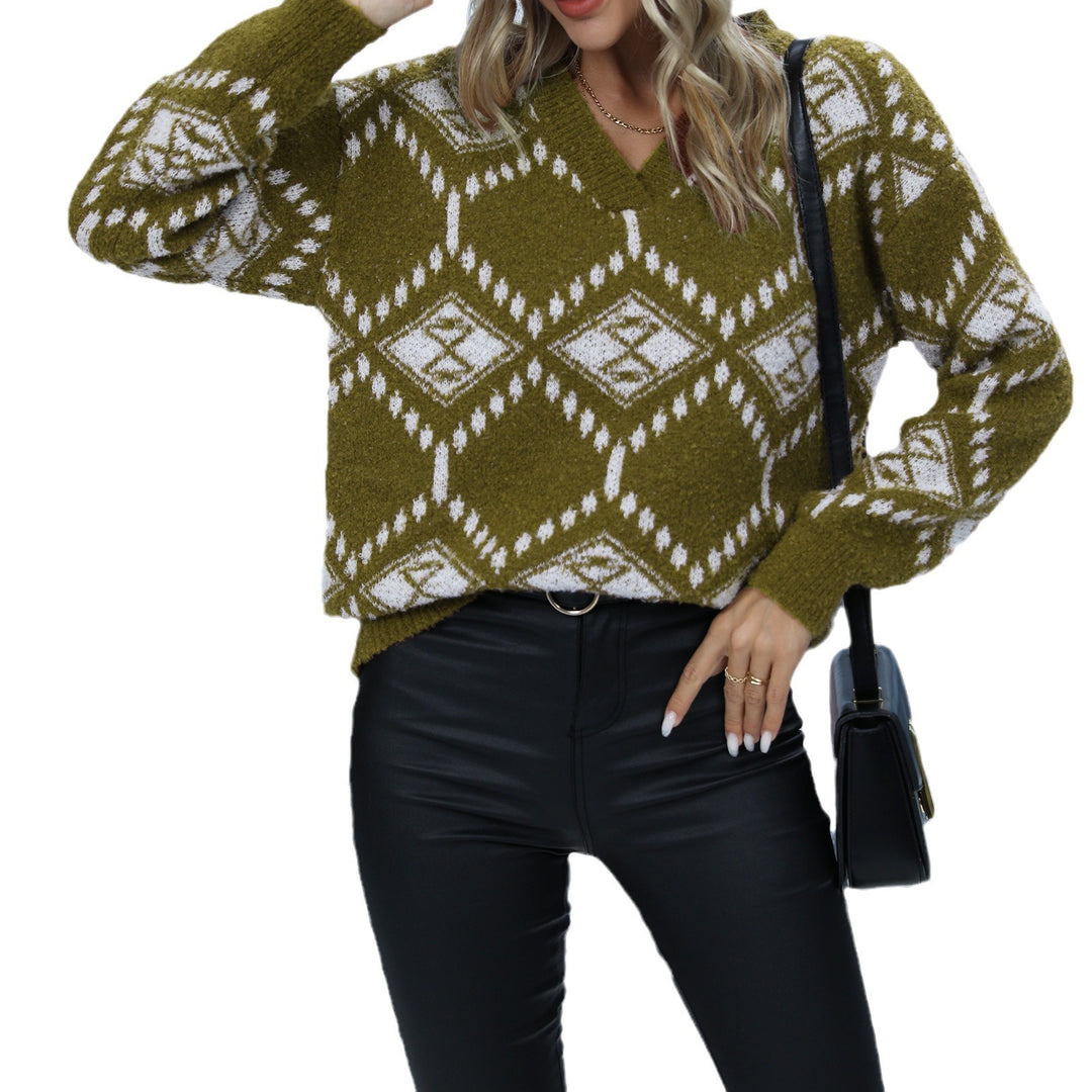 Knit sweater for women with V-neck and geometric pattern Lune London