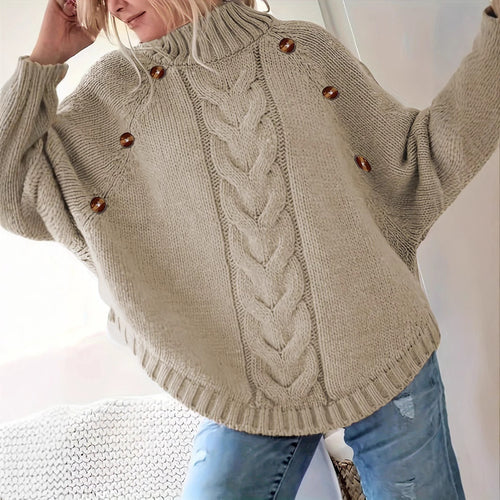 Thick knitted sweater for women with a modern braid design and practical buttons Amarae