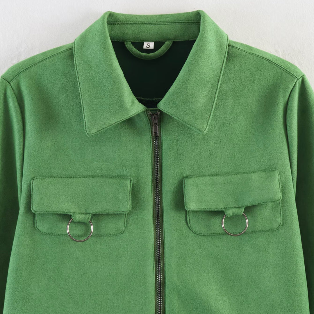 Ladies short cut velour jacket with breast pockets and zipper Amarae