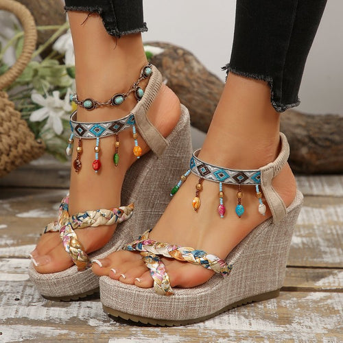 Wedge heel sandals for women with a colorful geometric pattern and elegant straps Amarae