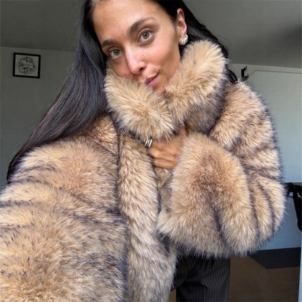 Ladies Luxury Faux Fur Cropped Bomber with Oversized Sleeves and High Shawl Collar Amarae