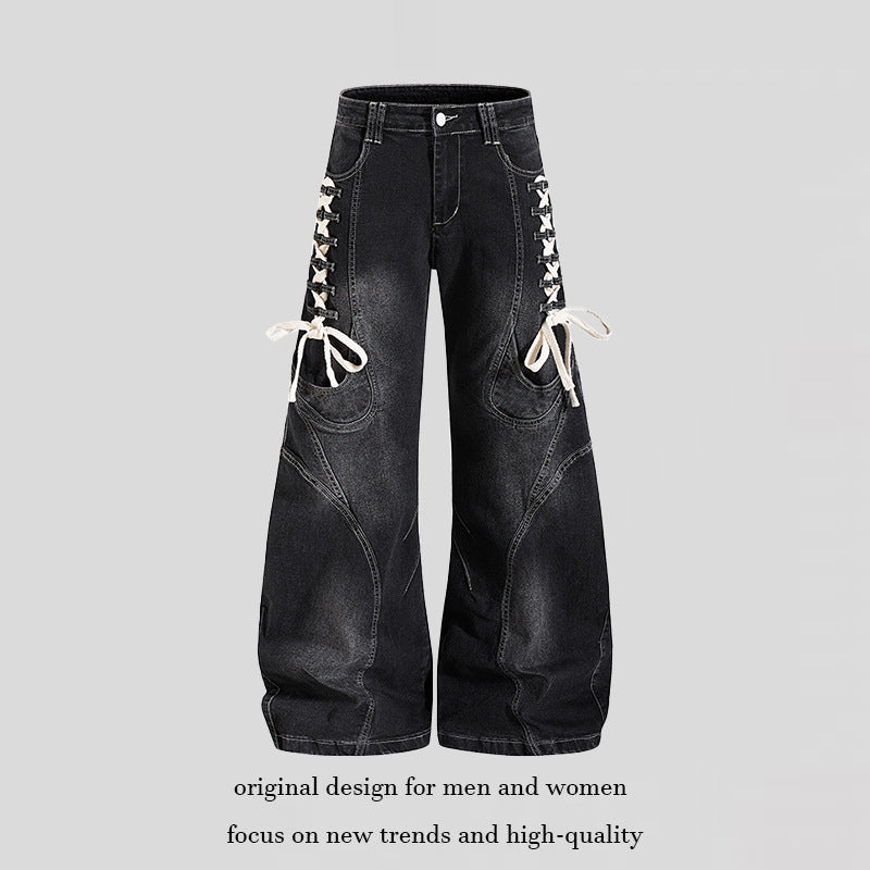 Women's wide high-waisted denim culotte with side lacing and cargo pockets Amarae