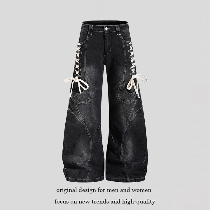 Women's wide high-waisted denim culotte with side lacing and cargo pockets Amarae