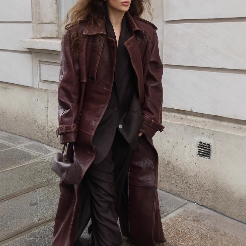 Women Long Trench Coat Made of Faux Leather with Oversized Shoulders and Tailored Silhouette Amarae
