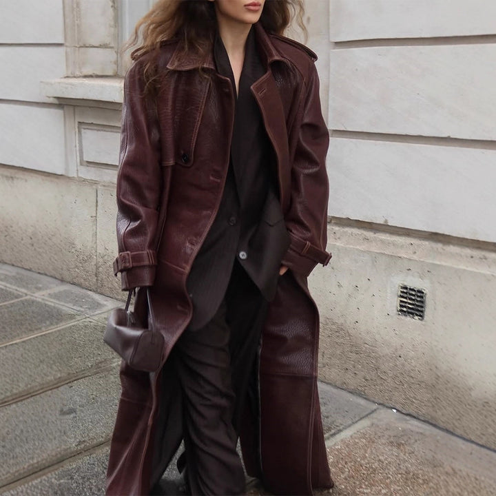 Women Long Trench Coat Made of Faux Leather with Oversized Shoulders and Tailored Silhouette Amarae