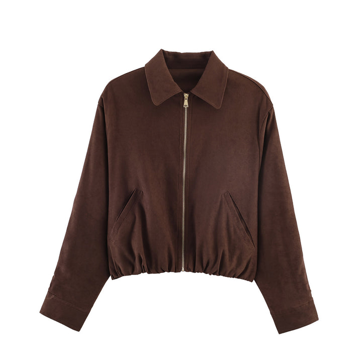 Women's Short Cut Bomber Jacket with Zipper, Shirt Collar and Elastic Hem Amarae