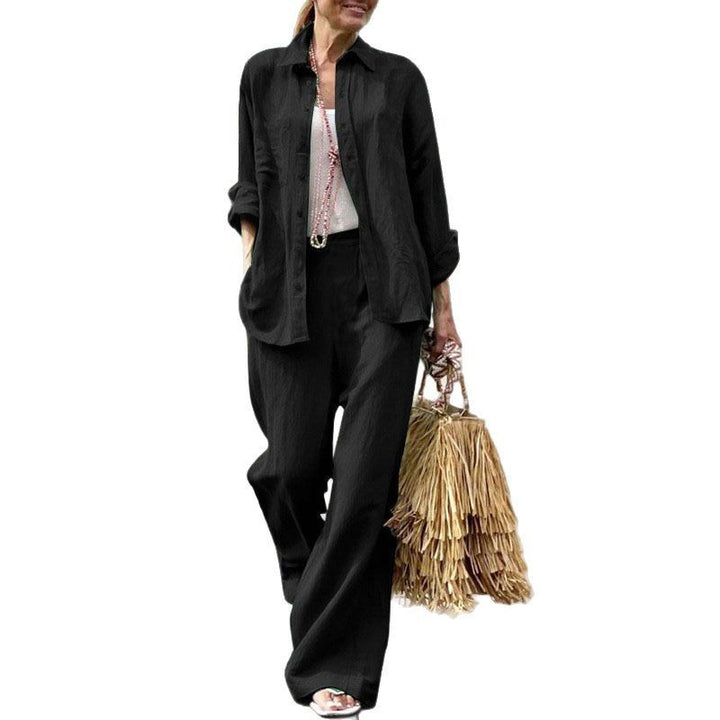 Women's Lightweight Linen Two-Piece Set with Loose Shirt Blouse and Wide High-Waist Pants Amarae
