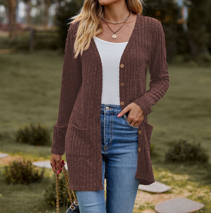 Knitted jacket for women with button placket and pockets Lune London