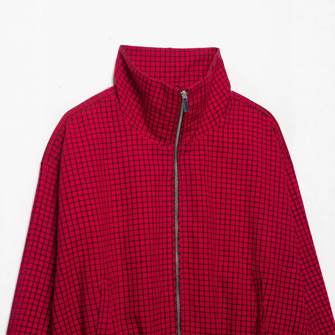 Women's Cropped Transition Jacket with High Funnel Collar, Check Pattern and Elastic Hem Amarae
