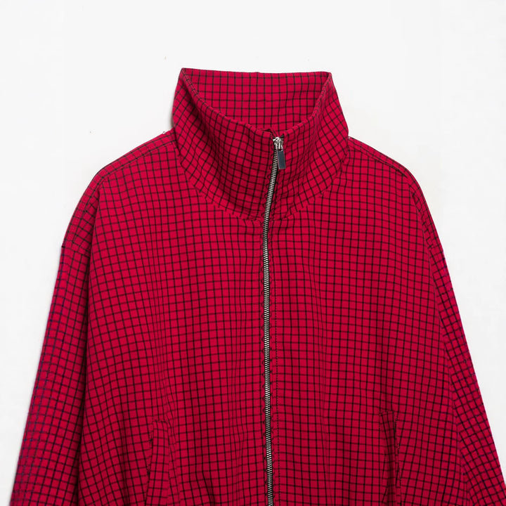 Women's Cropped Transition Jacket with High Funnel Collar, Check Pattern and Elastic Hem Amarae