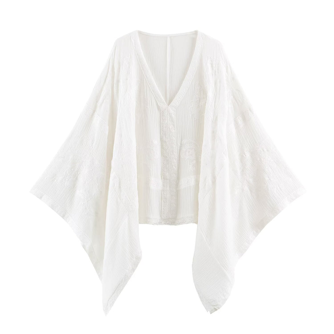 Women's Embroidered Kaftan Top with V-Neck and Wide Batwing Sleeves Amarae