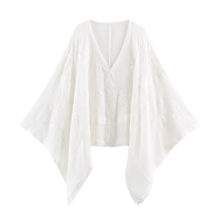 Women's Embroidered Kaftan Top with V-Neck and Wide Batwing Sleeves Amarae