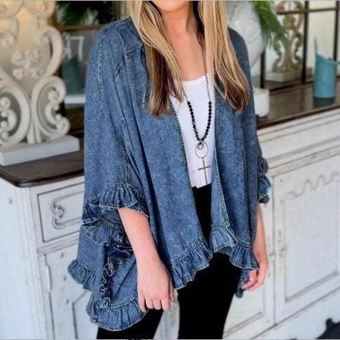 Women Oversized Jeans Kimono with Ruffle Edge and Open Fall Amarae
